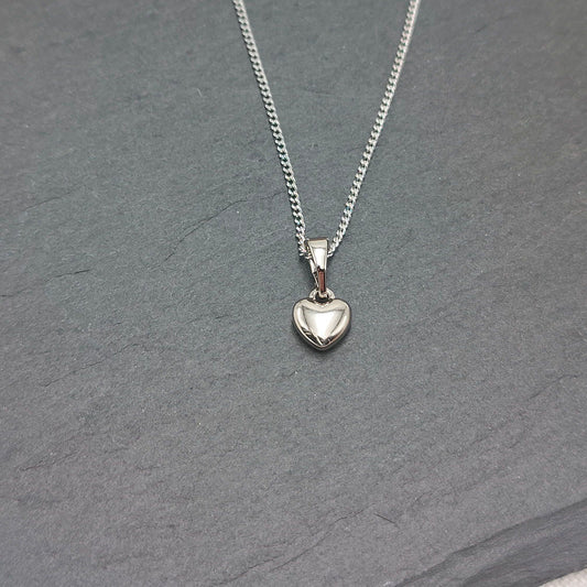 Clara Petite Heart Necklace featuring a silver-colored polished heart pendant on a fine chain.